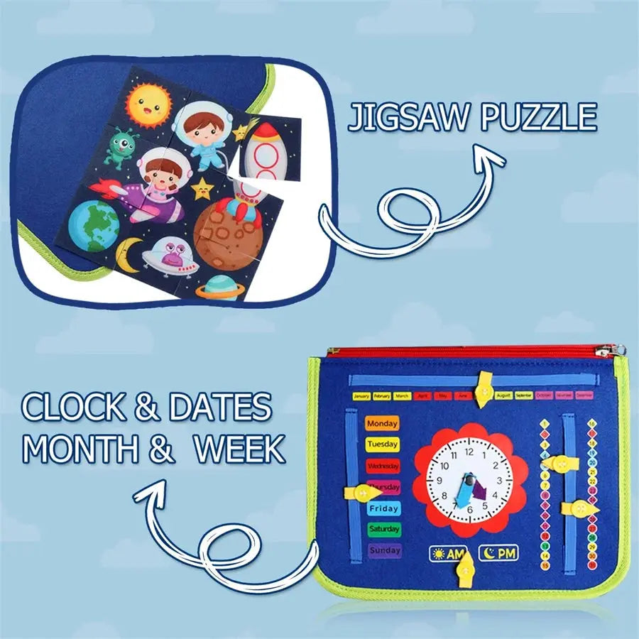 Montessori Dress & Sensory Busy Board – Learn to Dress, Count, and Explore! | Montessori Learning Toy | Magnet Bytes